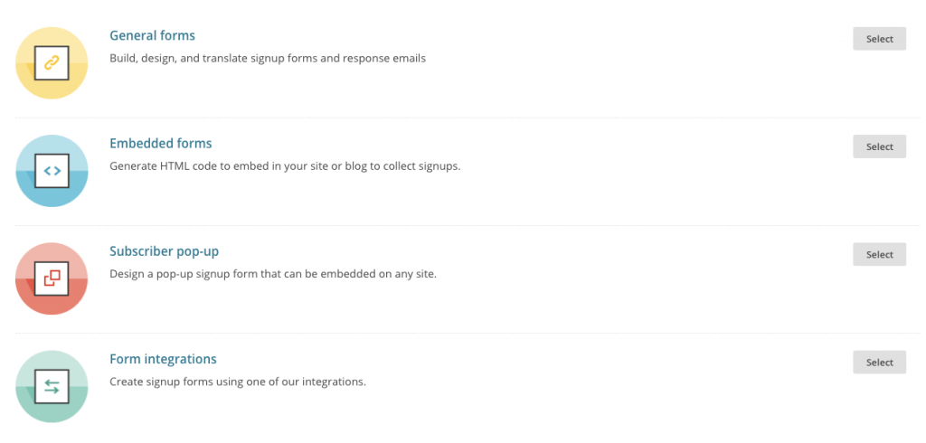 Tipos de formularios en Mailchimp