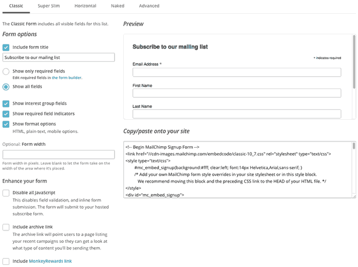 Classic form Mailchimp