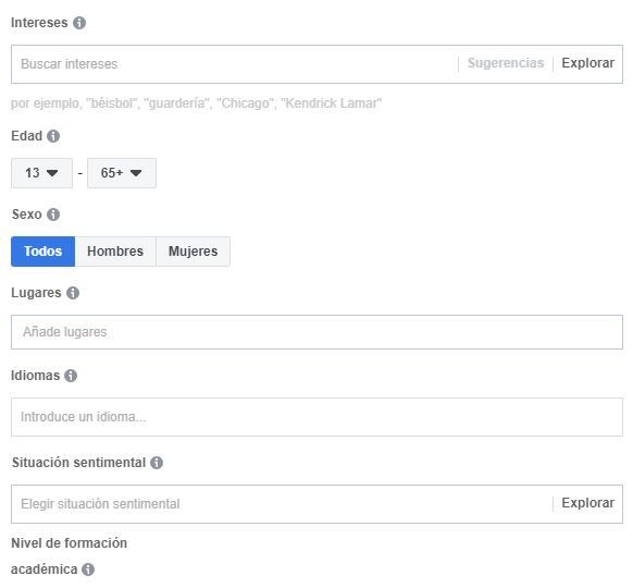 Opciones de segmetación en Facebook