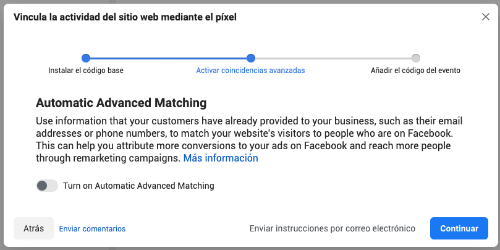 activar coincidencias avanzadas pixel facebook