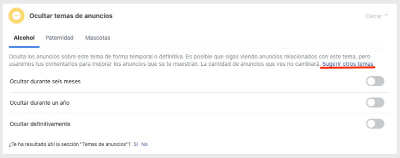 Ocultar temas delicados en anuncios de Facebook