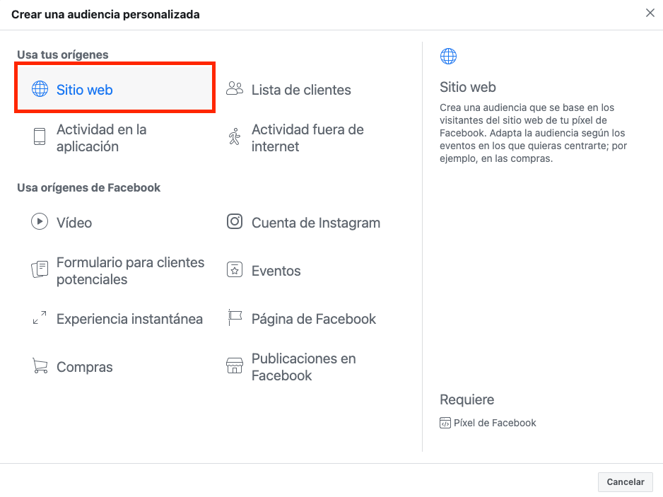 Audiencia personalizada para visitas a tu web Facebook