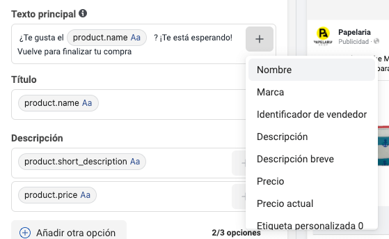 Incluir nombre del producto en anuncios de venta del catálogo Facebook
